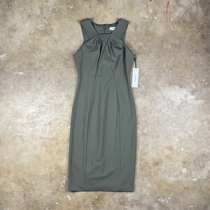 Calvin Klein Halter Neck Sheath Dress Women’s Size 4 Olive Green Pleated NWT